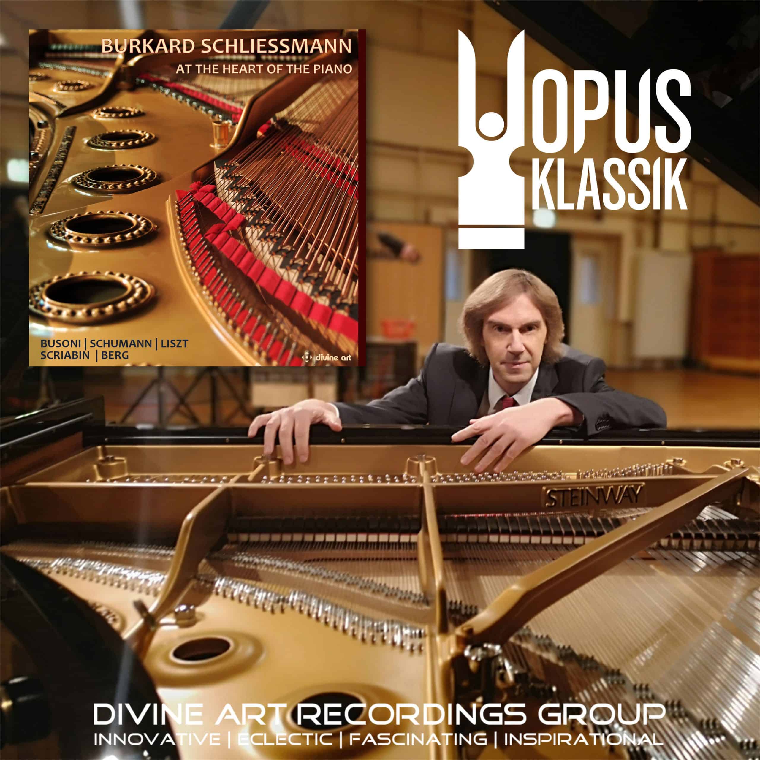 Image of Burkard Schliesmann at the Piano with cover art of At The Heart of the Piano album next to him and the Opus Klassik Award Logo above him